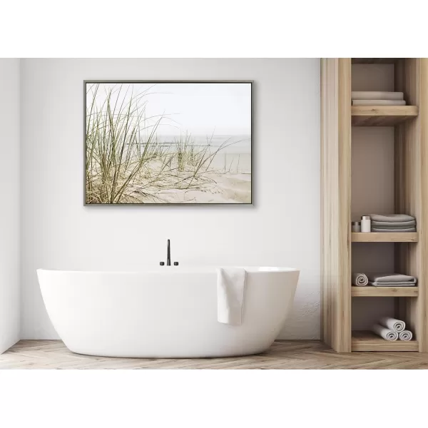Kate and Laurel Sylvie Calming Beach Grass Framed Canvas Wall Art by The Creative Bunch Studio 18x40 White Natural Ocean Grasses Landscape Art for WallGray