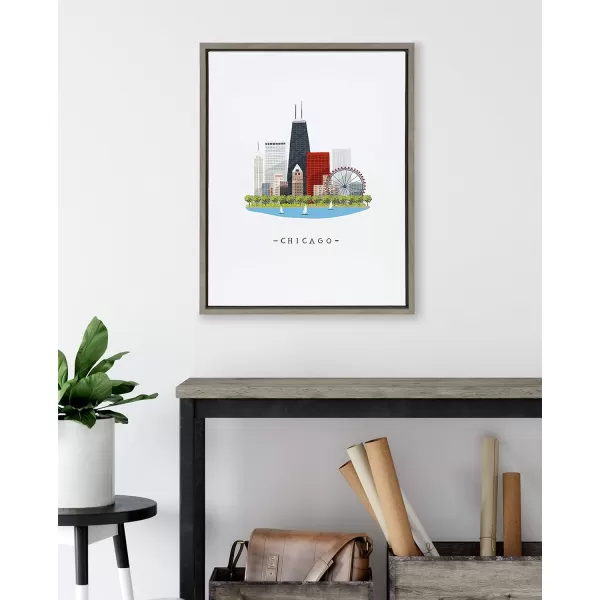 Kate and Laurel Sylvie Chicago Skyline Illustration Framed Canvas Wall Art by Maja Tomljanovic 18x24 Gray Bohemian Cityscape Wall Accent