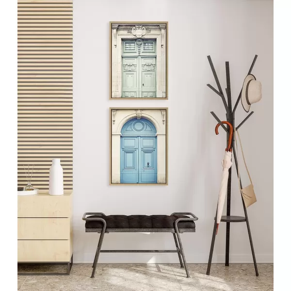Kate and Laurel Sylvie Classic Parisian Door and Blue Paris Door Framed Canvas Wall Art Set by Caroline Mint 2 Piece 18x24 GoldNatural
