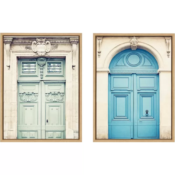 Kate and Laurel Sylvie Classic Parisian Door and Blue Paris Door Framed Canvas Wall Art Set by Caroline Mint 2 Piece 18x24 GoldNatural