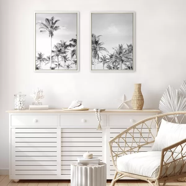 Kate and Laurel Sylvie Coastal Coconut Palm Tree Beach Black and White Left and Right Framed Canvas Art Set by The Creative Bunch Studio 2 Piece Set 18x24 White Tropical Landscape Art Wall DcorWhite