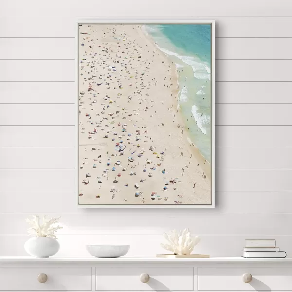 Kate and Laurel Sylvie Crowded Beach from Above Framed Canvas Wall Art by Amy Peterson 28x38 White Coastal Beach Art for Wall