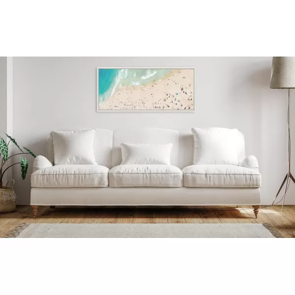 Kate and Laurel Sylvie Crowded Beach from Above Framed Canvas Wall Art by Amy Peterson Art Studio 23x33 White Coastal Beach Landscape Art for WallWhite