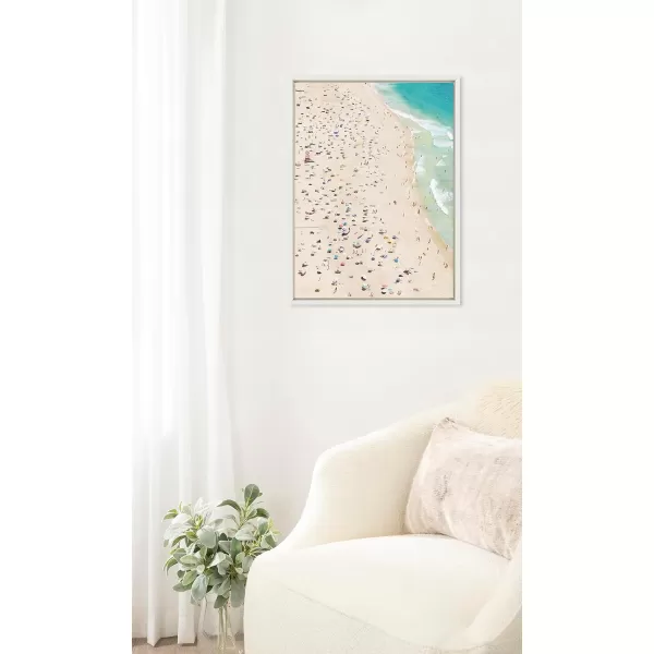 Kate and Laurel Sylvie Crowded Beach from Above Framed Canvas Wall Art by Amy Peterson Art Studio 23x33 White Coastal Beach Landscape Art for WallWhite