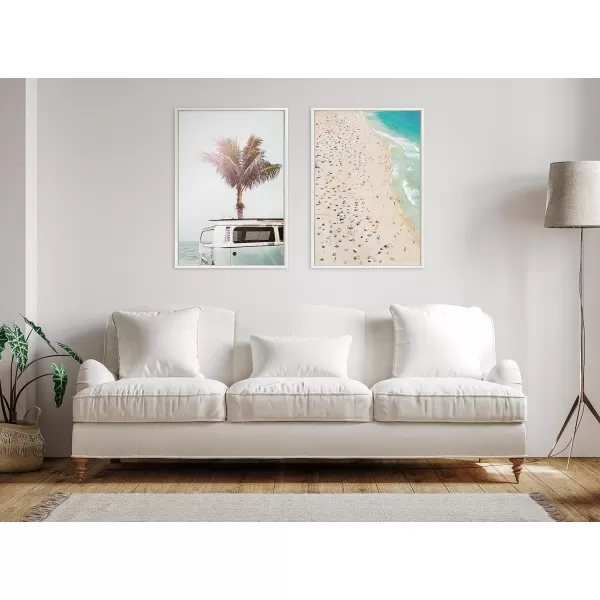 Kate and Laurel Sylvie Crowded Beach from Above Framed Canvas Wall Art by Amy Peterson Art Studio 23x33 White Coastal Beach Landscape Art for WallWhite