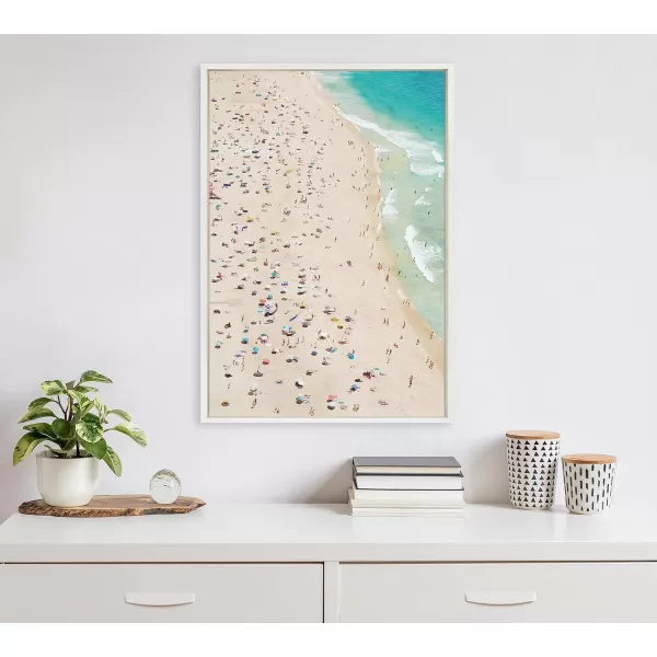 Kate and Laurel Sylvie Crowded Beach from Above Framed Canvas Wall Art by Amy Peterson Art Studio 23x33 White Coastal Beach Landscape Art for WallWhite