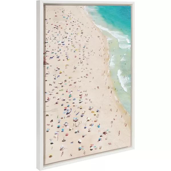 Kate and Laurel Sylvie Crowded Beach from Above Framed Canvas Wall Art by Amy Peterson Art Studio 23x33 White Coastal Beach Landscape Art for WallWhite