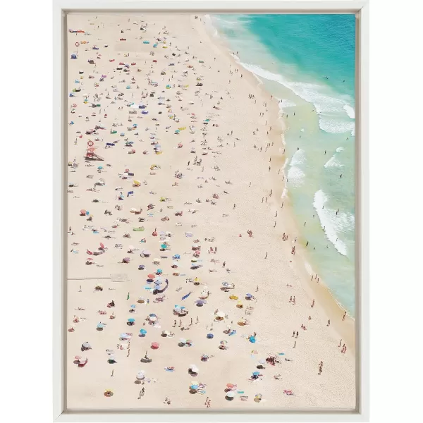 Kate and Laurel Sylvie Crowded Beach from Above Framed Canvas Wall Art by Amy Peterson Art Studio 23x33 White Coastal Beach Landscape Art for WallWhite