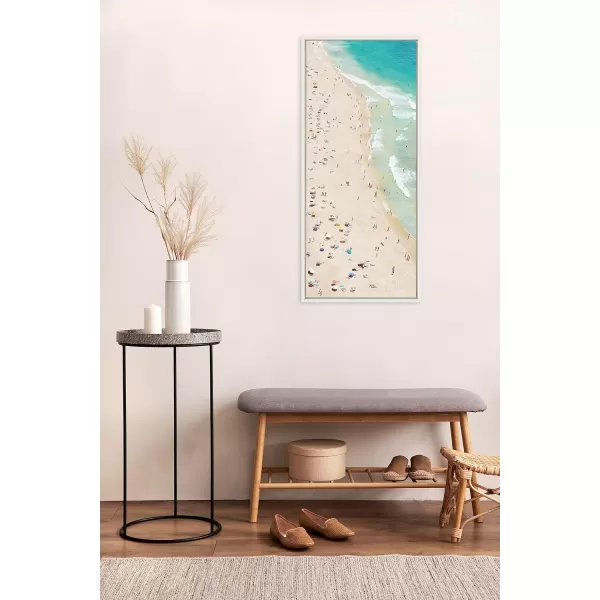 Kate and Laurel Sylvie Crowded Beach from Above Framed Canvas Wall Art by Amy Peterson Art Studio 23x33 White Coastal Beach Landscape Art for WallWhite