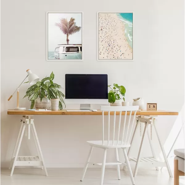 Kate and Laurel Sylvie Crowded Beach from Above Framed Canvas Wall Art by Amy Peterson Art Studio 23x33 White Coastal Beach Landscape Art for WallWhite