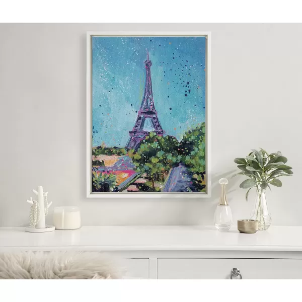 Kate and Laurel Sylvie Eiffel Tower in Summer Framed Canvas Wall Art by Rachel Christopoulos 18x24 White Decorative Paris Themed Landscape for Wall