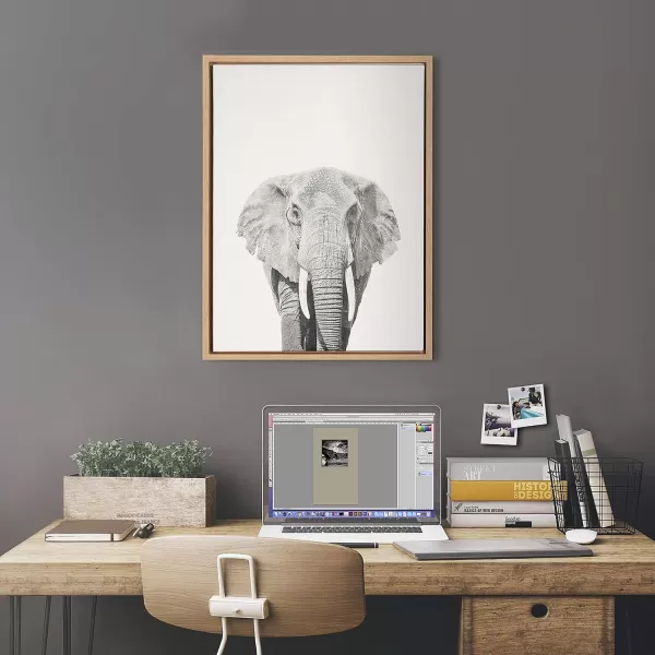 Kate and Laurel Sylvie Elephant Black and White Animal Portrait Framed Canvas Wall Art by Simon Te Tai 23x33 NaturalNatural