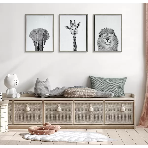 Kate and Laurel Sylvie Elephant Giraffe and Lion Framed Canvas Wall Art Set by Simon Te of Tai Prints 3 Piece Set 18x24 Natural Black and White Safari Animal Wall DcorGray