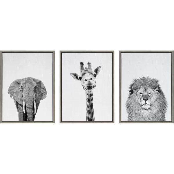 Kate and Laurel Sylvie Elephant Giraffe and Lion Framed Canvas Wall Art Set by Simon Te of Tai Prints 3 Piece Set 18x24 Natural Black and White Safari Animal Wall DcorGray