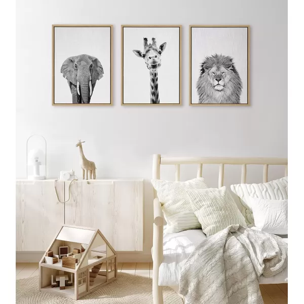 Kate and Laurel Sylvie Elephant Giraffe and Lion Framed Canvas Wall Art Set by Simon Te of Tai Prints 3 Piece Set 18x24 Natural Black and White Safari Animal Wall DcorNatural