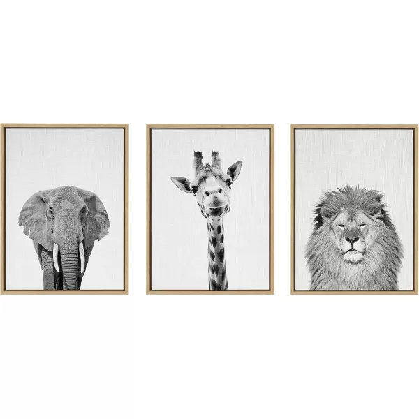 Kate and Laurel Sylvie Elephant Giraffe and Lion Framed Canvas Wall Art Set by Simon Te of Tai Prints 3 Piece Set 18x24 Natural Black and White Safari Animal Wall DcorNatural