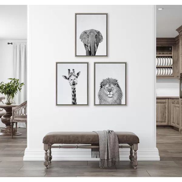 Kate and Laurel Sylvie Elephant Giraffe and Lion Framed Canvas Wall Art Set by Simon Te of Tai Prints 3 Piece Set 18x24 Natural Black and White Safari Animal Wall DcorGray