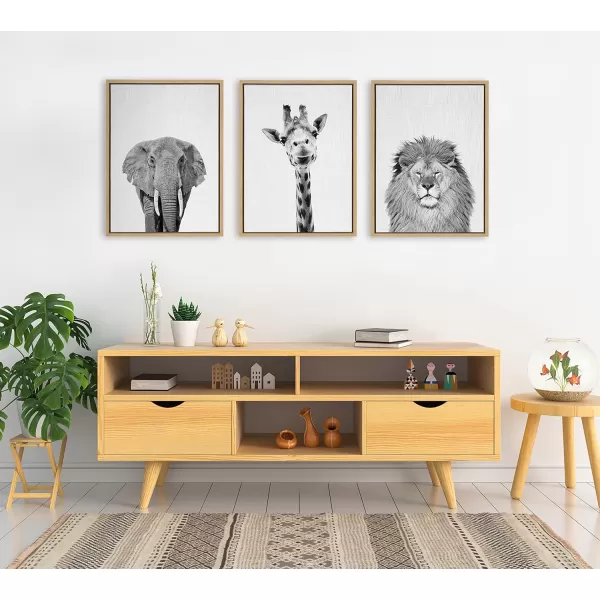 Kate and Laurel Sylvie Elephant Giraffe and Lion Framed Canvas Wall Art Set by Simon Te of Tai Prints 3 Piece Set 18x24 Natural Black and White Safari Animal Wall DcorNatural