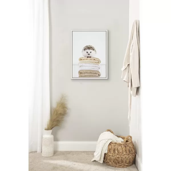 Kate and Laurel Sylvie Fold Hedgehog 1 Framed Canvas Wall Art by Amy Peterson Art Studio 18x24 White Bathroom Laundry Room Art Wall DcorWhite