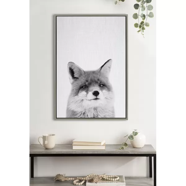 Kate and Laurel Sylvie Fox Black and White Portrait Framed Canvas Wall Art by Simon Te Tai 18x24 NaturalGray
