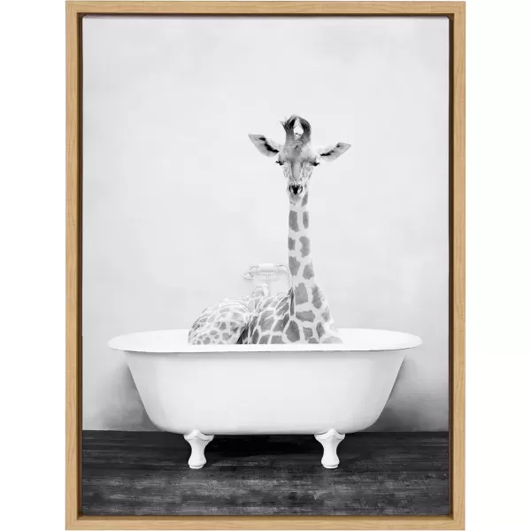 Kate and Laurel Sylvie Giraffe 2 in the Tub Framed Canvas Wall Art by Amy Peterson Art Studio 18x24 Gray Modern Fun Decorative Bathtub Wall Art for Home DcorNatural