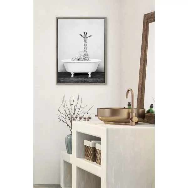 Kate and Laurel Sylvie Giraffe 2 in the Tub Framed Canvas Wall Art by Amy Peterson Art Studio 18x24 Gray Modern Fun Decorative Bathtub Wall Art for Home DcorGray