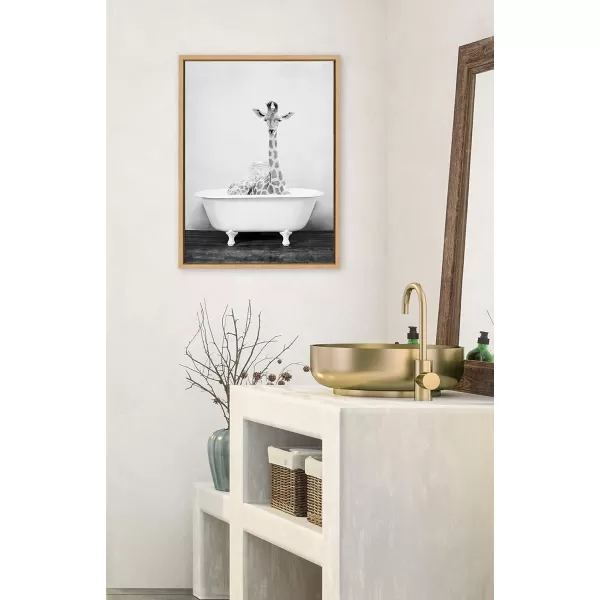 Kate and Laurel Sylvie Giraffe 2 in the Tub Framed Canvas Wall Art by Amy Peterson Art Studio 18x24 Gray Modern Fun Decorative Bathtub Wall Art for Home DcorNatural