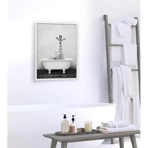 Kate and Laurel Sylvie Giraffe 2 in the Tub Framed Canvas Wall Art by Amy Peterson Art Studio 18x24 Gray Modern Fun Decorative Bathtub Wall Art for Home DcorWhite