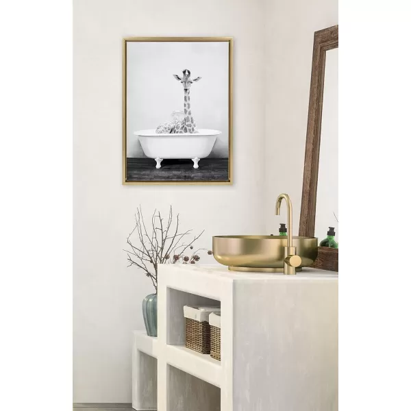 Kate and Laurel Sylvie Giraffe 2 in the Tub Framed Canvas Wall Art by Amy Peterson Art Studio 18x24 Gray Modern Fun Decorative Bathtub Wall Art for Home DcorGold