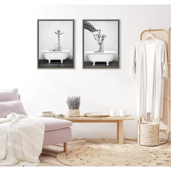 Kate and Laurel Sylvie Giraffe 2 in the Tub Framed Canvas Wall Art by Amy Peterson Art Studio 18x24 Gray Modern Fun Decorative Bathtub Wall Art for Home DcorGray
