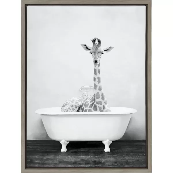 Kate and Laurel Sylvie Giraffe 2 in the Tub Framed Canvas Wall Art by Amy Peterson Art Studio 18x24 Gray Modern Fun Decorative Bathtub Wall Art for Home DcorGray