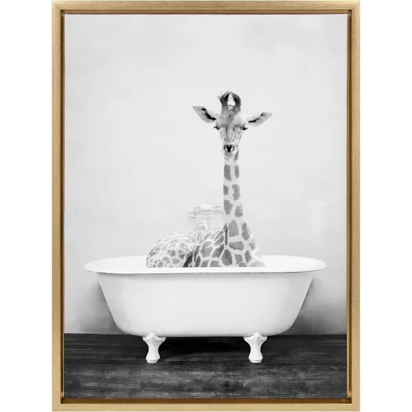 Kate and Laurel Sylvie Giraffe 2 in the Tub Framed Canvas Wall Art by Amy Peterson Art Studio 18x24 Gray Modern Fun Decorative Bathtub Wall Art for Home DcorGold