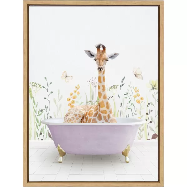 Kate and Laurel Sylvie Giraffe In Spring Bath Framed Canvas Wall Art by Amy Peterson Art Studio 18x24 Natural Whimsical Animal Art for WallNatural