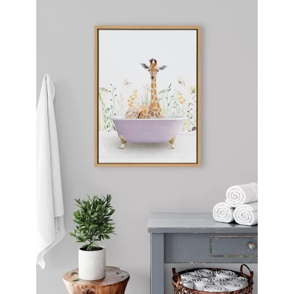 Kate and Laurel Sylvie Giraffe In Spring Bath Framed Canvas Wall Art by Amy Peterson Art Studio 18x24 Natural Whimsical Animal Art for WallNatural