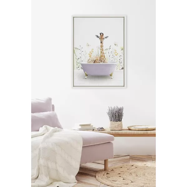 Kate and Laurel Sylvie Giraffe In Spring Bath Framed Canvas Wall Art by Amy Peterson Art Studio 18x24 Natural Whimsical Animal Art for WallWhite