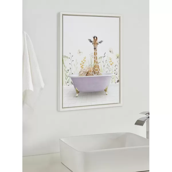 Kate and Laurel Sylvie Giraffe In Spring Bath Framed Canvas Wall Art by Amy Peterson Art Studio 18x24 Natural Whimsical Animal Art for WallWhite