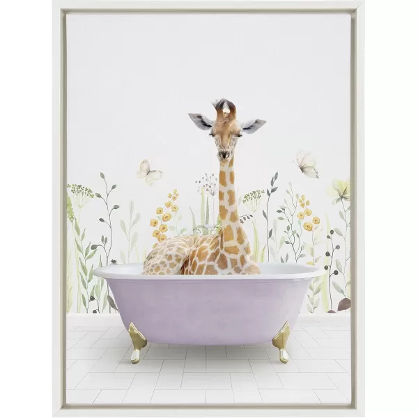 Kate and Laurel Sylvie Giraffe In Spring Bath Framed Canvas Wall Art by Amy Peterson Art Studio 18x24 Natural Whimsical Animal Art for WallWhite