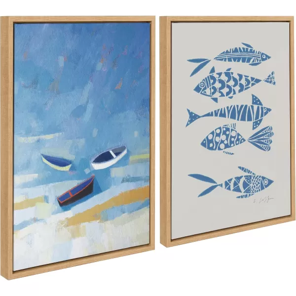 Kate and Laurel Sylvie Golden Dunes and Fishes Blue on Beige Framed Canvas Wall Art Set by Giuliana Lazzerini 2 Piece 18x24 Natural Coastal Boat and Fish Art for Wall