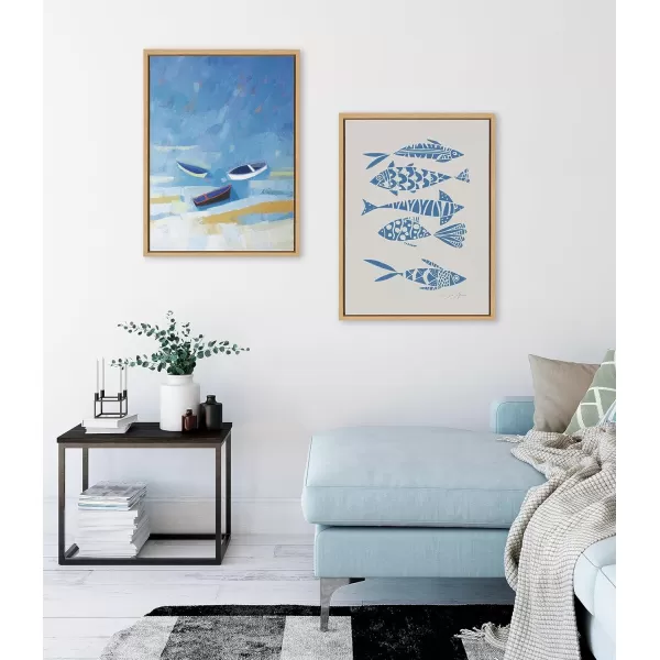 Kate and Laurel Sylvie Golden Dunes and Fishes Blue on Beige Framed Canvas Wall Art Set by Giuliana Lazzerini 2 Piece 18x24 Natural Coastal Boat and Fish Art for Wall