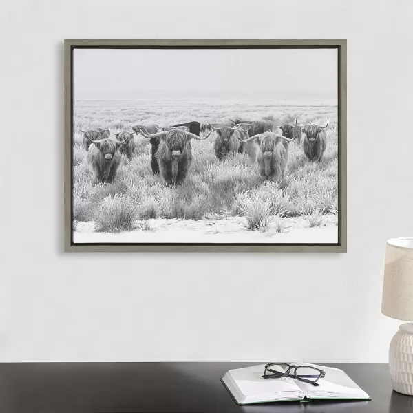 Kate and Laurel Sylvie Herd of Highland Cows Black and White Framed Canvas Wall Art by The Creative Bunch Studio 18x40 Gray Decorative Farmhouse Animal Art for WallGray