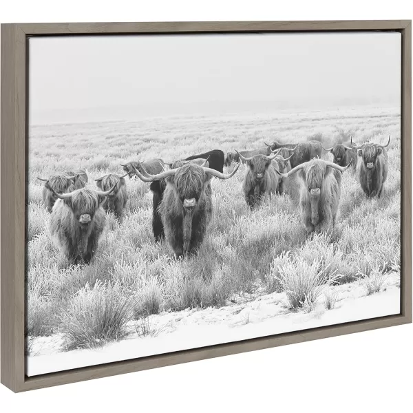 Kate and Laurel Sylvie Herd of Highland Cows Black and White Framed Canvas Wall Art by The Creative Bunch Studio 18x40 Gray Decorative Farmhouse Animal Art for WallGray