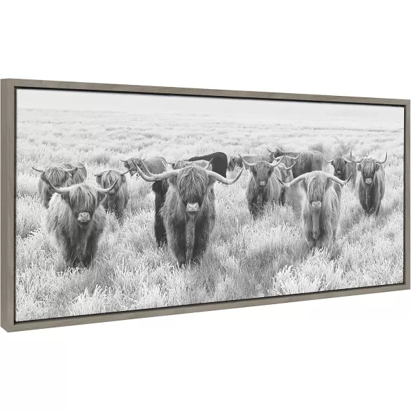 Kate and Laurel Sylvie Herd of Highland Cows Black and White Framed Canvas Wall Art by The Creative Bunch Studio 18x40 Gray Decorative Farmhouse Animal Art for WallGray