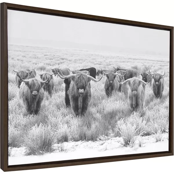 Kate and Laurel Sylvie Herd of Highland Cows Black and White Framed Canvas Wall Art by The Creative Bunch Studio 18x40 Gray Decorative Farmhouse Animal Art for WallBrown