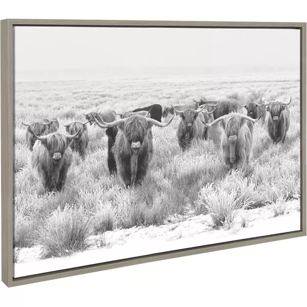 Kate and Laurel Sylvie Herd of Highland Cows Black and White Framed Canvas Wall Art by The Creative Bunch Studio 18x40 Gray Decorative Farmhouse Animal Art for WallGray