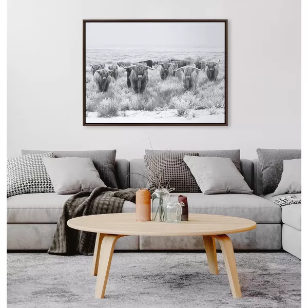 Kate and Laurel Sylvie Herd of Highland Cows Black and White Framed Canvas Wall Art by The Creative Bunch Studio 18x40 Gray Decorative Farmhouse Animal Art for WallBrown