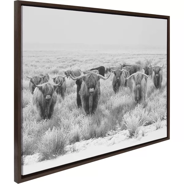 Kate and Laurel Sylvie Herd of Highland Cows Black and White Framed Canvas Wall Art by The Creative Bunch Studio 18x40 Gray Decorative Farmhouse Animal Art for WallBrown