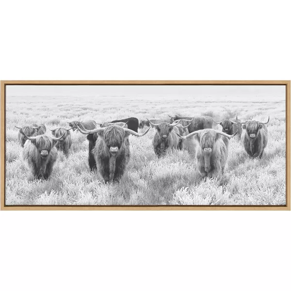 Kate and Laurel Sylvie Herd of Highland Cows Black and White Framed Canvas Wall Art by The Creative Bunch Studio 18x40 Gray Decorative Farmhouse Animal Art for WallNatural