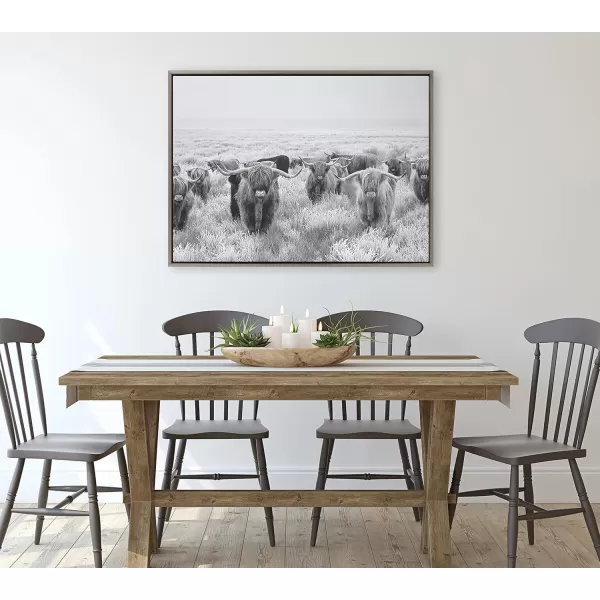 Kate and Laurel Sylvie Herd of Highland Cows Black and White Framed Canvas Wall Art by The Creative Bunch Studio 18x40 Gray Decorative Farmhouse Animal Art for WallGray