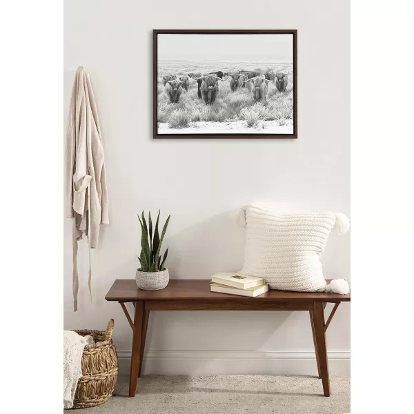 Kate and Laurel Sylvie Herd of Highland Cows Black and White Framed Canvas Wall Art by The Creative Bunch Studio 18x40 Gray Decorative Farmhouse Animal Art for WallBrown