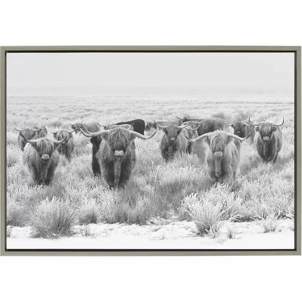 Kate and Laurel Sylvie Herd of Highland Cows Black and White Framed Canvas Wall Art by The Creative Bunch Studio 18x40 Gray Decorative Farmhouse Animal Art for WallGray